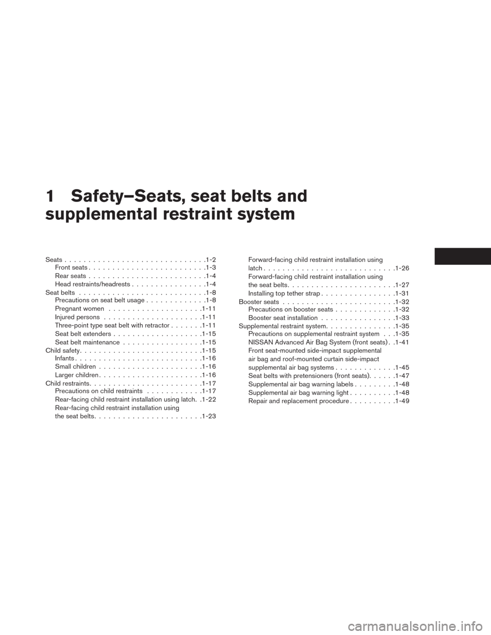 NISSAN LEAF 2014 1.G Manual Online 1 Safety–Seats, seat belts and
supplemental restraint system
Seats..............................1-2
Front seats.........................1-3
Rear seats.........................1-4
Head restraints/hea