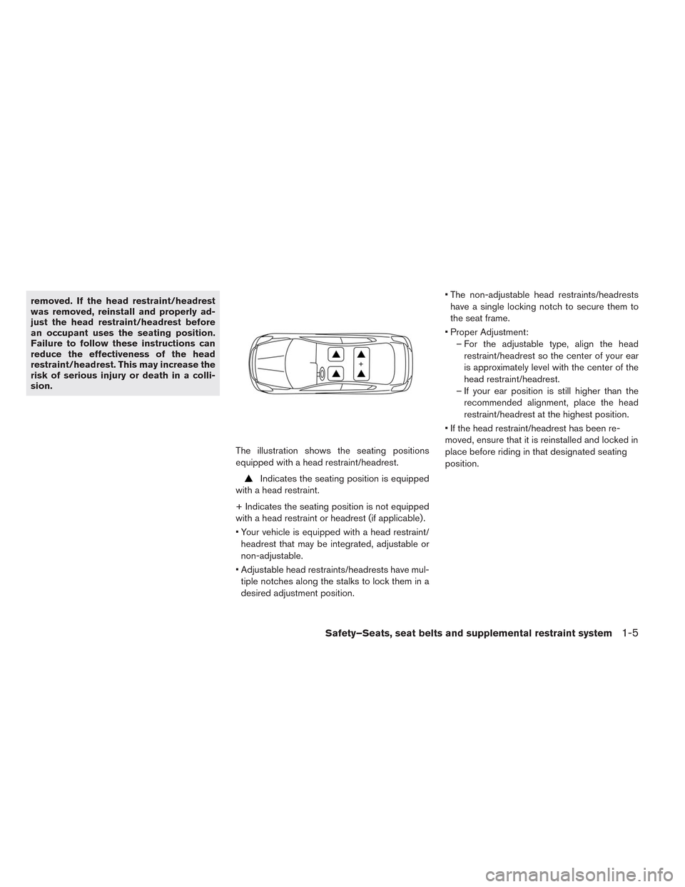 NISSAN LEAF 2014 1.G Owners Manual removed. If the head restraint/headrest
was removed, reinstall and properly ad-
just the head restraint/headrest before
an occupant uses the seating position.
Failure to follow these instructions can
