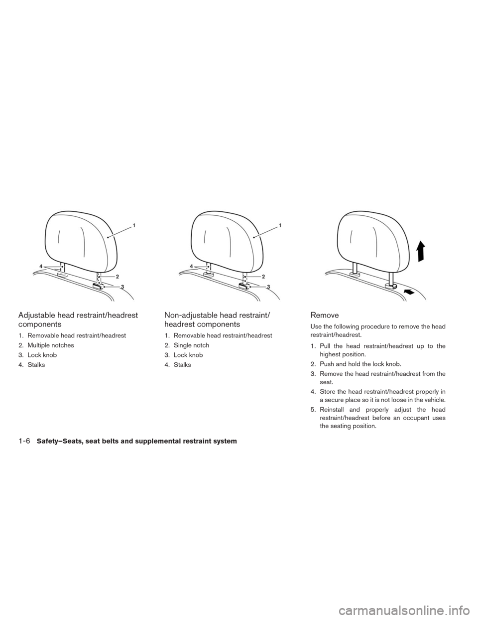 NISSAN LEAF 2014 1.G Owners Manual Adjustable head restraint/headrest
components
1. Removable head restraint/headrest
2. Multiple notches
3. Lock knob
4. Stalks
Non-adjustable head restraint/
headrest components
1. Removable head restr