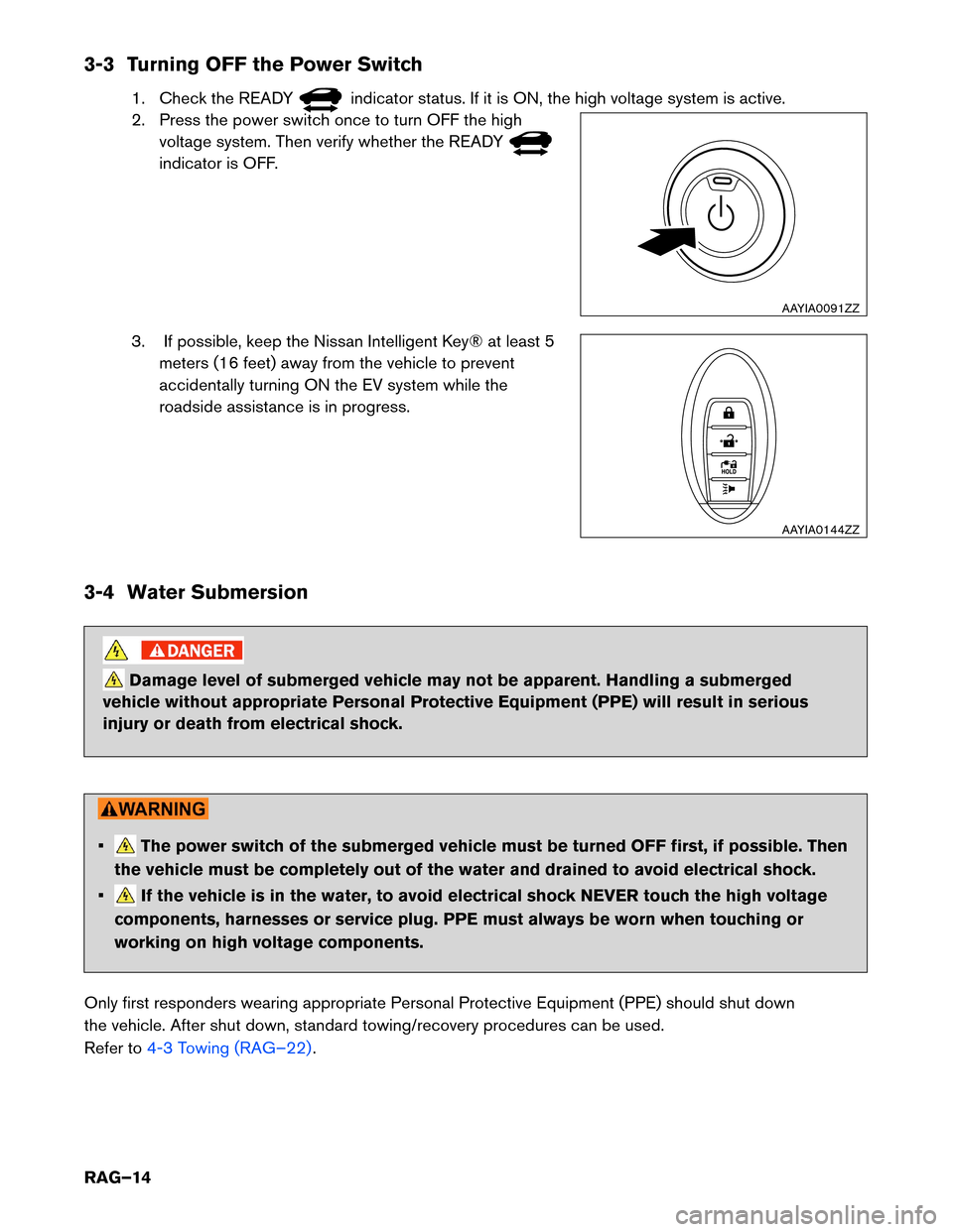 NISSAN LEAF 2014 1.G Roadside Assistance Guide 3-3 Turning OFF the Power Switch
1. Check the READY indicator status. If it is ON, the high voltage system is active.
2.

Press the power switch once to turn OFF the high
voltage system. Then verify w