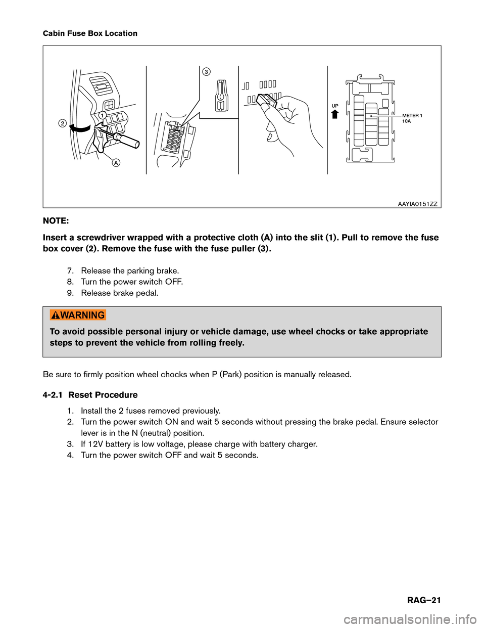 NISSAN LEAF 2014 1.G Roadside Assistance Guide Cabin Fuse Box Location
NO
TE:
Insert a screwdriver wrapped with a protective cloth (A) into the slit (1) . Pull to remove the fuse
box cover (2) . Remove the fuse with the fuse puller (3) .
7. Releas NISSAN LEAF 2014 1.G Roadside Assistance Guide Cabin Fuse Box Location
NO
TE:
Insert a screwdriver wrapped with a protective cloth (A) into the slit (1) . Pull to remove the fuse
box cover (2) . Remove the fuse with the fuse puller (3) .
7. Releas