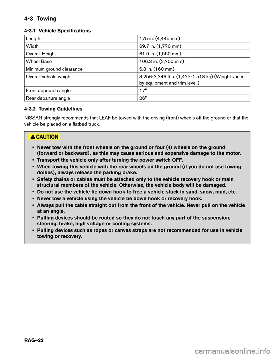 NISSAN LEAF 2014 1.G Roadside Assistance Guide 4-3 Towing
4-3.1
Vehicle Specifications Length
175
in. (4,445 mm)
Width 69.7 in. (1,770 mm)
Overall Height 61.0 in. (1,550 mm)
Wheel Base 106.3 in. (2,700 mm)
Minimum ground clearance 6.3 in. (160 mm NISSAN LEAF 2014 1.G Roadside Assistance Guide 4-3 Towing
4-3.1
Vehicle Specifications Length
175
in. (4,445 mm)
Width 69.7 in. (1,770 mm)
Overall Height 61.0 in. (1,550 mm)
Wheel Base 106.3 in. (2,700 mm)
Minimum ground clearance 6.3 in. (160 mm