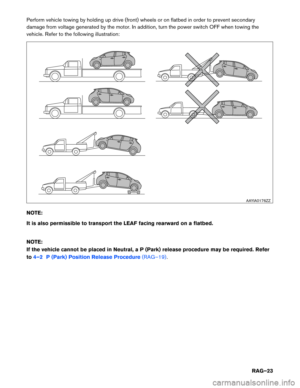 NISSAN LEAF 2014 1.G Roadside Assistance Guide Perform vehicle towing by holding up drive (front) wheels or on flatbed in order to prevent secondary
damage
from voltage generated by the motor. In addition, turn the power switch OFF when towing the