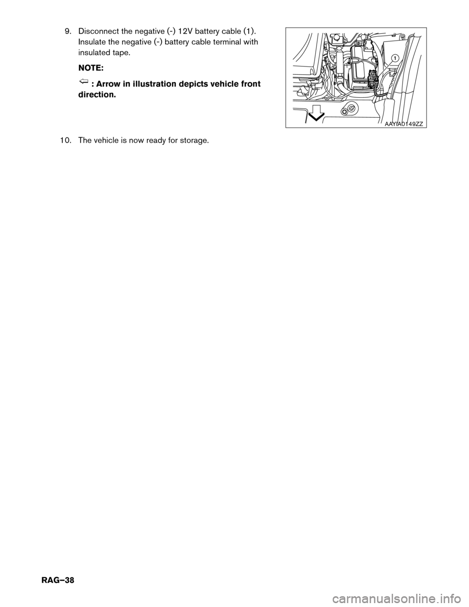NISSAN LEAF 2014 1.G Roadside Assistance Guide 9. Disconnect the negative (-) 12V battery cable (1) .
Insulate the negative (-) battery cable terminal with
insulated tape.
NOTE: : Arrow in illustration depicts vehicle front
direction.
10.
The veh NISSAN LEAF 2014 1.G Roadside Assistance Guide 9. Disconnect the negative (-) 12V battery cable (1) .
Insulate the negative (-) battery cable terminal with
insulated tape.
NOTE: : Arrow in illustration depicts vehicle front
direction.
10.
The veh