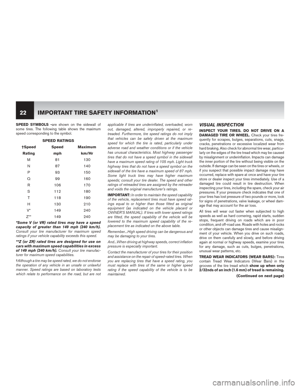 NISSAN LEAF 2014 1.G Warranty Booklet SPEED SYMBOLS -are shown on the sidewall of
some tires. The following table shows the maximum
speed corresponding to the symbol.
SPEED RATINGS
†Speed Speed Maximum Rating mph km/Hr M 81 130
N 87 140 NISSAN LEAF 2014 1.G Warranty Booklet SPEED SYMBOLS -are shown on the sidewall of
some tires. The following table shows the maximum
speed corresponding to the symbol.
SPEED RATINGS
†Speed Speed Maximum Rating mph km/Hr M 81 130
N 87 140