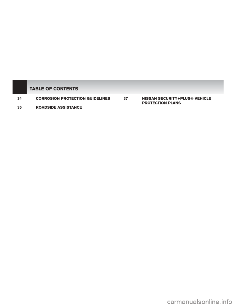 NISSAN LEAF 2014 1.G Warranty Booklet 34 CORROSION PROTECTION GUIDELINES
35 ROADSIDE ASSISTANCE37 NISSAN SECURITY+PLUS® VEHICLE
PROTECTION PLANS
TABLE OF CONTENTS 