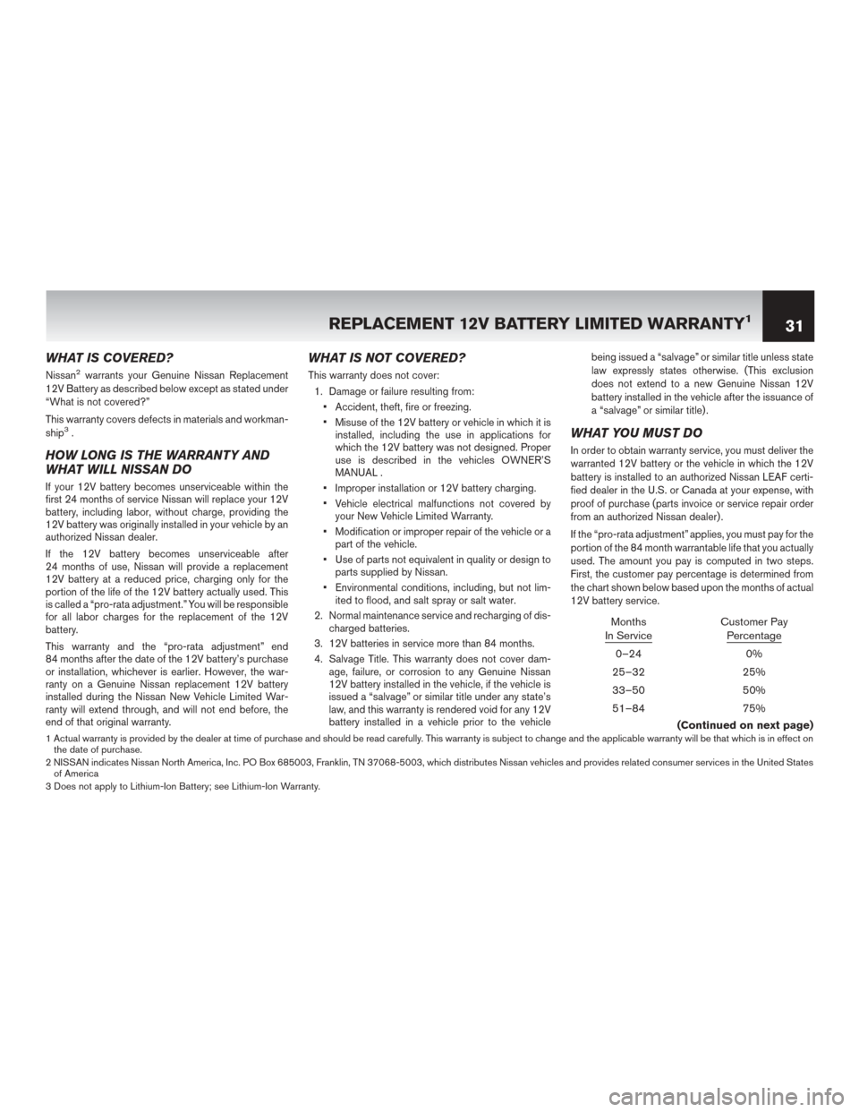 NISSAN LEAF 2014 1.G Warranty Booklet WHAT IS COVERED?
Nissan2warrants your Genuine Nissan Replacement
12V Battery as described below except as stated under
“What is not covered?”
This warranty covers defects in materials and workman-