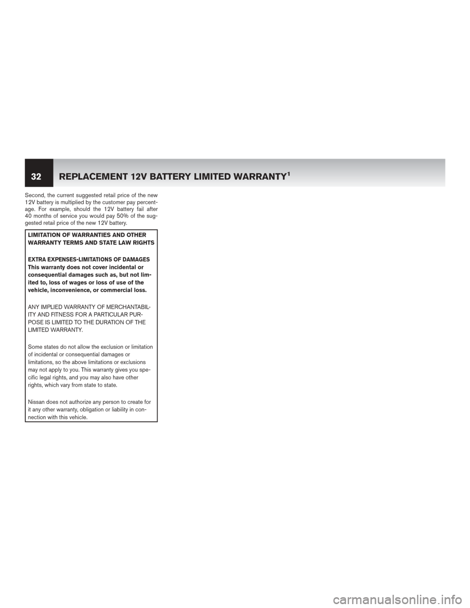 NISSAN LEAF 2014 1.G Warranty Booklet Second, the current suggested retail price of the new
12V battery is multiplied by the customer pay percent-
age. For example, should the 12V battery fail after
40 months of service you would pay 50% 