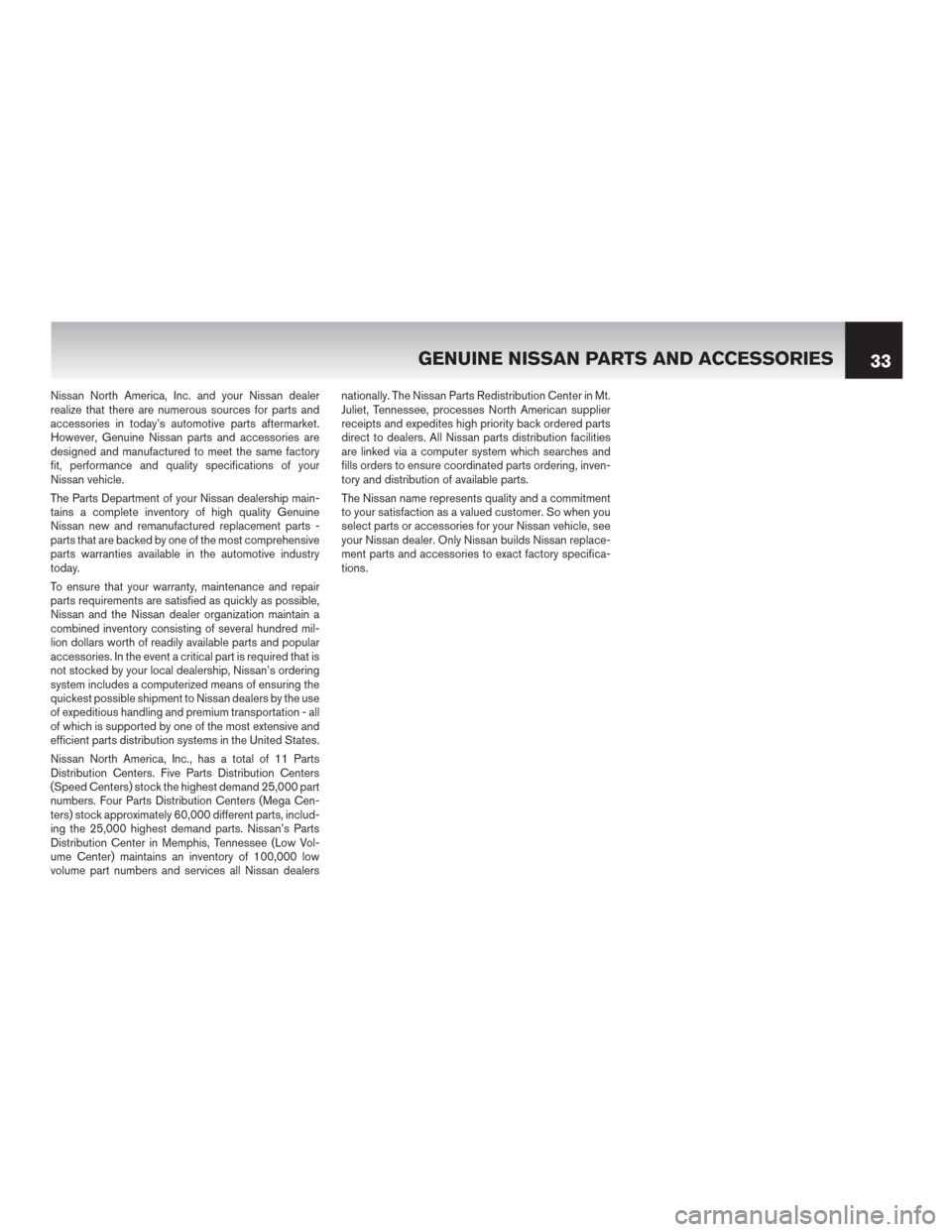 NISSAN LEAF 2014 1.G Warranty Booklet Nissan North America, Inc. and your Nissan dealer
realize that there are numerous sources for parts and
accessories in today’s automotive parts aftermarket.
However, Genuine Nissan parts and accesso