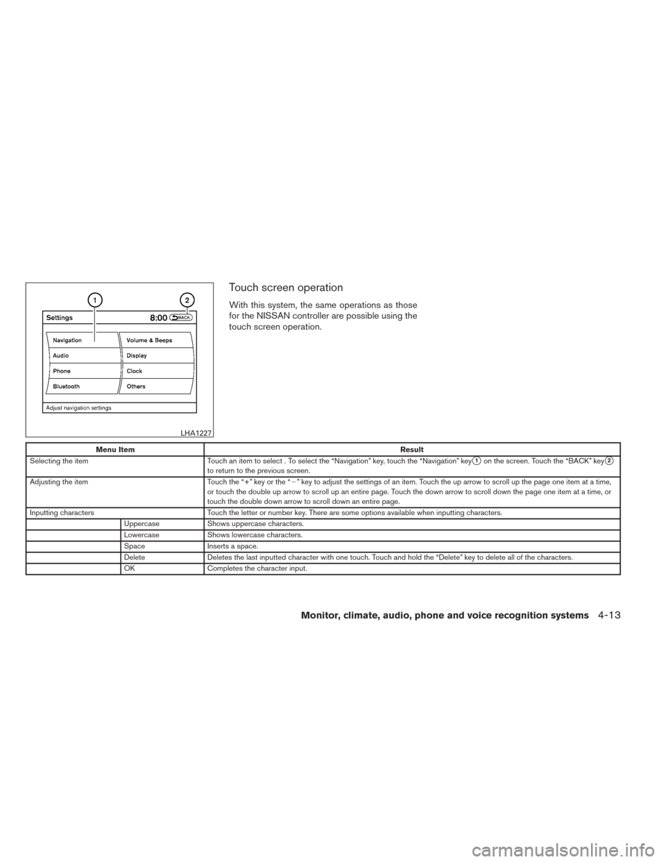 NISSAN MAXIMA 2014 A35 / 7.G Owners Manual Touch screen operation
With this system, the same operations as those
for the NISSAN controller are possible using the
touch screen operation.
Menu ItemResult
Selecting the item Touch an item to selec