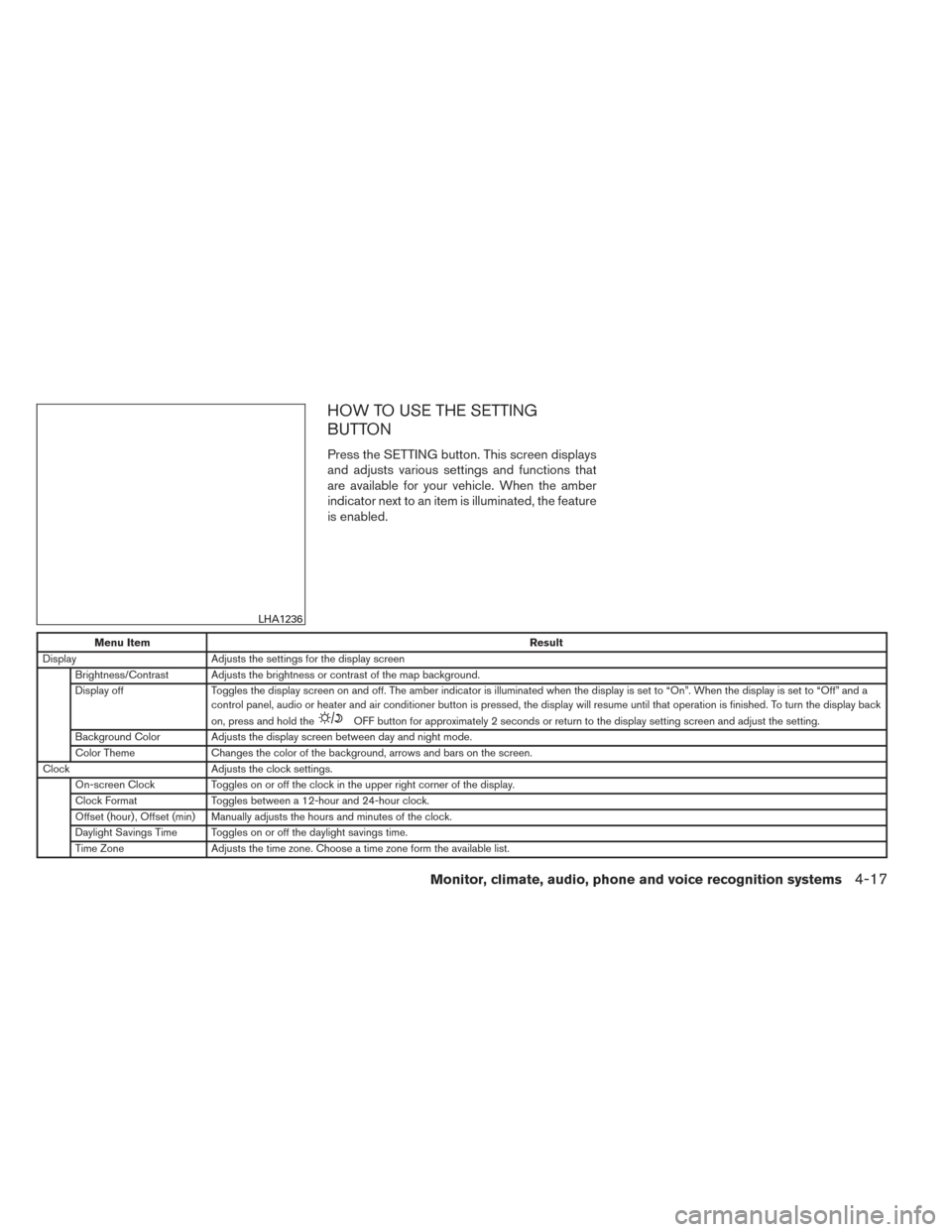 NISSAN MAXIMA 2014 A35 / 7.G Owners Manual HOW TO USE THE SETTING
BUTTON
Press the SETTING button. This screen displays
and adjusts various settings and functions that
are available for your vehicle. When the amber
indicator next to an item is