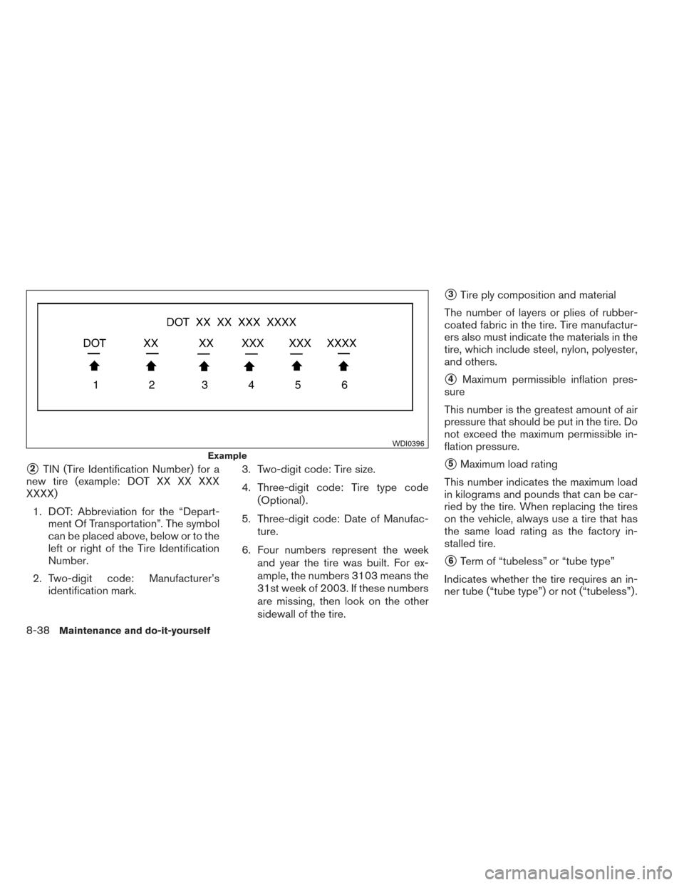 NISSAN MAXIMA 2014 A35 / 7.G Owners Manual 2TIN (Tire Identification Number) for a
new tire (example: DOT XX XX XXX
XXXX)
1. DOT: Abbreviation for the “Depart- ment Of Transportation”. The symbol
can be placed above, below or to the
left 