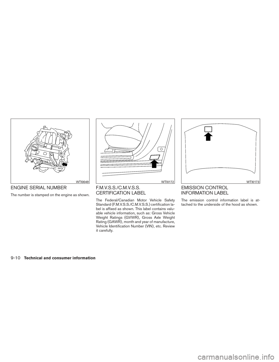 NISSAN MAXIMA 2014 A35 / 7.G Owners Manual ENGINE SERIAL NUMBER
The number is stamped on the engine as shown.
F.M.V.S.S./C.M.V.S.S.
CERTIFICATION LABEL
The Federal/Canadian Motor Vehicle Safety
Standard (F.M.V.S.S./C.M.V.S.S.) certification la