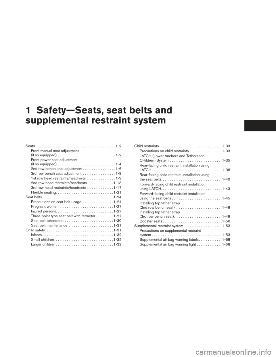 NISSAN PATHFINDER 2014 R52 / 4.G Owners Manual 1 Safety—Seats, seat belts and
supplemental restraint system
Seats ............................................1-2
Front manual seat adjustment
(if so equipped) ................................1-2
F