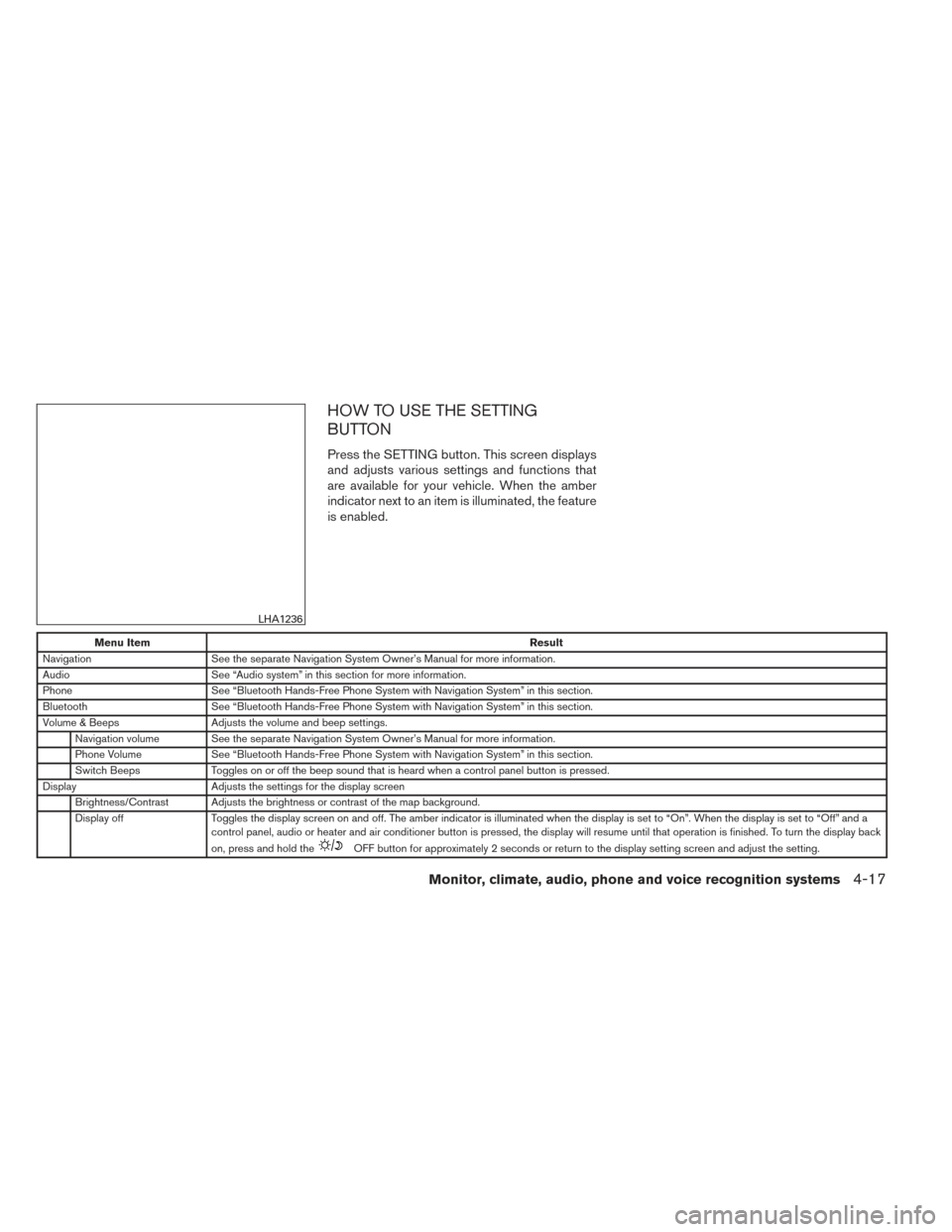 NISSAN PATHFINDER 2014 R52 / 4.G Owners Manual HOW TO USE THE SETTING
BUTTON
Press the SETTING button. This screen displays
and adjusts various settings and functions that
are available for your vehicle. When the amber
indicator next to an item is