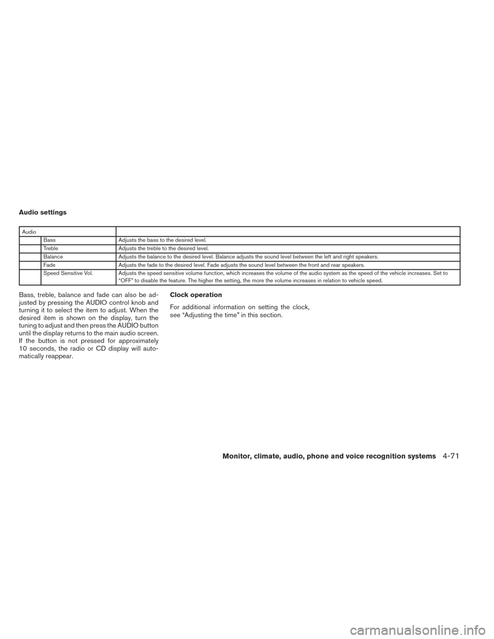 NISSAN PATHFINDER 2014 R52 / 4.G Owners Manual Audio settings
AudioBass Adjusts the bass to the desired level.
Treble Adjusts the treble to the desired level.
Balance Adjusts the balance to the desired level. Balance adjusts the sound level betwee