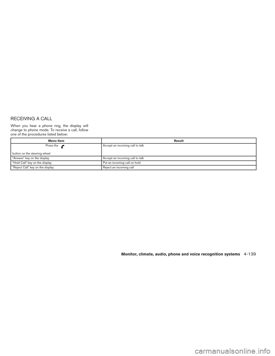 NISSAN PATHFINDER 2014 R52 / 4.G Owners Manual RECEIVING A CALL
When you hear a phone ring, the display will
change to phone mode. To receive a call, follow
one of the procedures listed below:
Menu ItemResult
Press the
button on the steering wheel