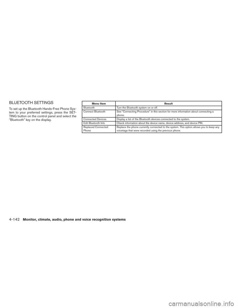 NISSAN PATHFINDER 2014 R52 / 4.G Owners Manual BLUETOOTH SETTINGS
To set up the Bluetooth Hands-Free Phone Sys-
tem to your preferred settings, press the SET-
TING button on the control panel and select the
Bluetoothkey on the display.
Menu Item
