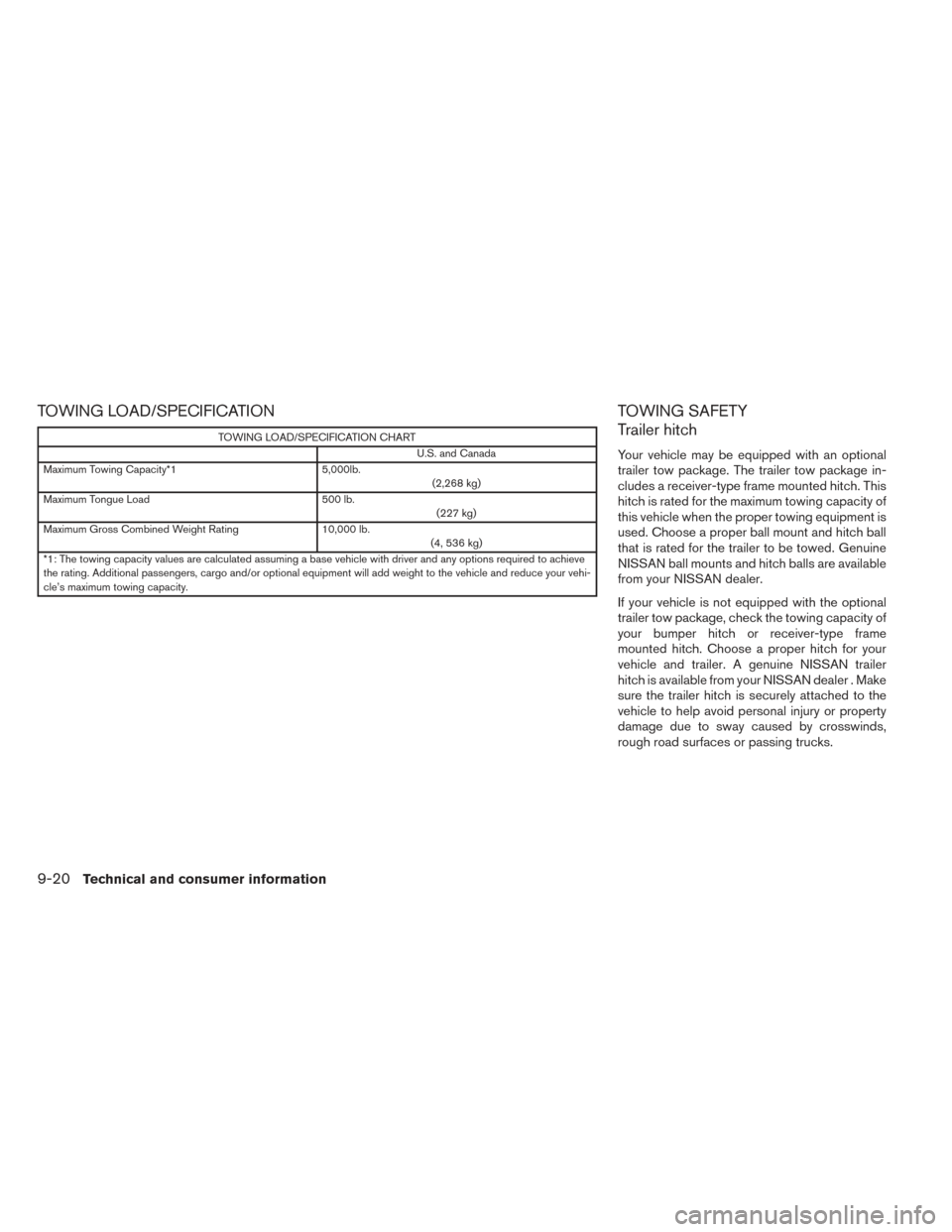 NISSAN PATHFINDER 2014 R52 / 4.G Owners Manual TOWING LOAD/SPECIFICATION
TOWING LOAD/SPECIFICATION CHARTU.S. and Canada
Maximum Towing Capacity*1 5,000lb.
(2,268 kg)
Maximum Tongue Load 500 lb.
(227 kg)
Maximum Gross Combined Weight Rating 10,000 
