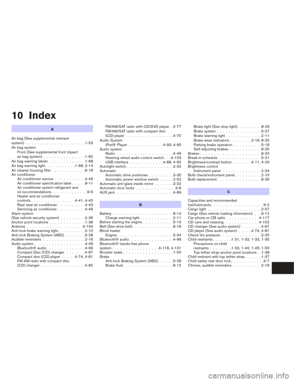 NISSAN PATHFINDER 2014 R52 / 4.G Repair Manual 10 Index
A
Air bag (See supplemental restraint
system) .....................1-53
Air bag system Front (See supplemental front impact
air bag system) ...............1-60
Airbagwarninglabels............