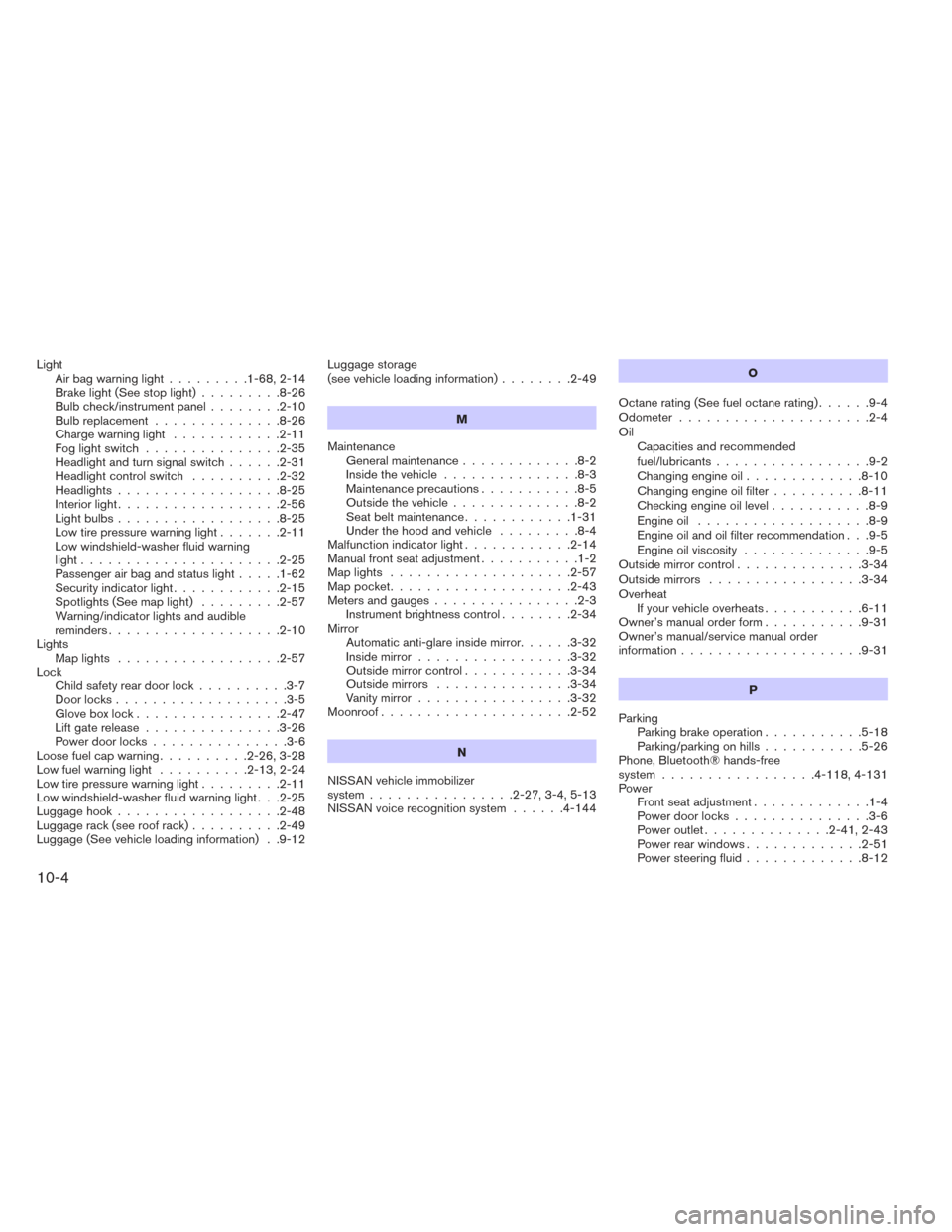 NISSAN PATHFINDER 2014 R52 / 4.G Owners Manual LightAirbagwarninglight.........1-68,2-14
Brakelight(Seestoplight).........8-26
Bulb check/instrument panel ........2-10
Bulb replacement ..............8-26
Chargewarninglight ............2-11
Fogligh