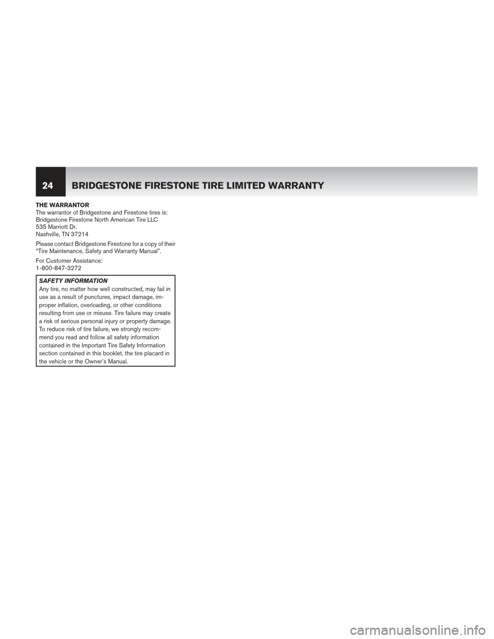 NISSAN PATHFINDER HYBRID 2014 R52 / 4.G Warranty Booklet THE WARRANTOR
The warrantor of Bridgestone and Firestone tires is:
Bridgestone Firestone North American Tire LLC
535 Marriott Dr.
Nashville, TN 37214
Please contact Bridgestone Firestone for a copy of NISSAN PATHFINDER HYBRID 2014 R52 / 4.G Warranty Booklet THE WARRANTOR
The warrantor of Bridgestone and Firestone tires is:
Bridgestone Firestone North American Tire LLC
535 Marriott Dr.
Nashville, TN 37214
Please contact Bridgestone Firestone for a copy of