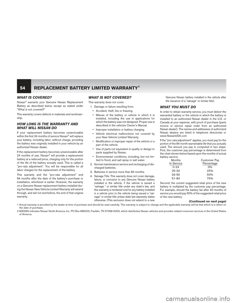 NISSAN PATHFINDER HYBRID 2014 R52 / 4.G Warranty Booklet WHAT IS COVERED?
Nissan2warrants your Genuine Nissan Replacement
Battery as described below except as stated under
What is not covered?
This warranty covers defects in materials and workman-
ship.
H