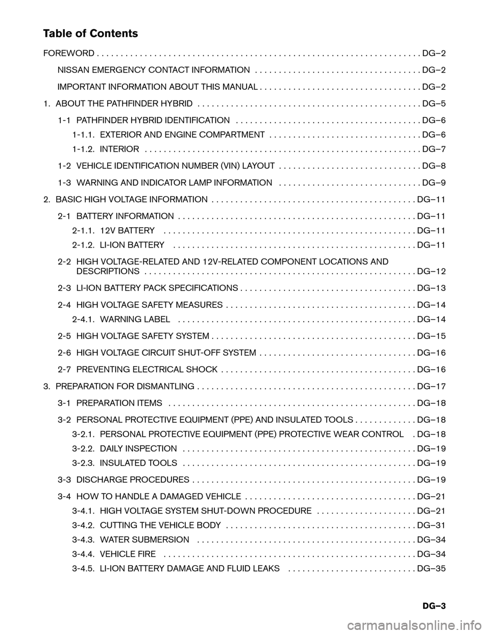 NISSAN PATHFINDER HYBRID 2014 R52 / 4.G Dismantling Guide Table of Contents 
FOREWORD . . . . . . . . . . . . . . . . . . . . . . . . . . . . . . . . . . . . . . . . . . . . . . . . . .. . . . . . . . . . . . . . . . . . DG–2
NISSAN EMERGENCY CONTACT INFOR