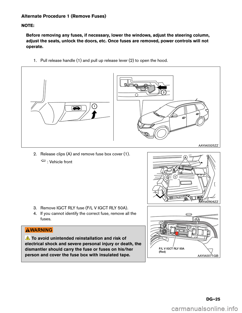 NISSAN PATHFINDER HYBRID 2014 R52 / 4.G Dismantling Guide Alternate Procedure 1 (Remove Fuses) 
NOTE:Before removing any fuses, if necessary, lower the windows, adjust the steering column, 
adjust the seats, unlock the doors, etc. Once fuses are removed, pow