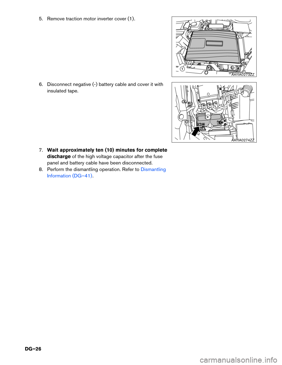 NISSAN PATHFINDER HYBRID 2014 R52 / 4.G Dismantling Guide 5. Remove traction motor inverter cover (1) . 
6. Disconnect negative (-) battery cable and cover it withinsulated tape.
7. Wait approximately ten (10) minutes for complete
discharge of the high volta