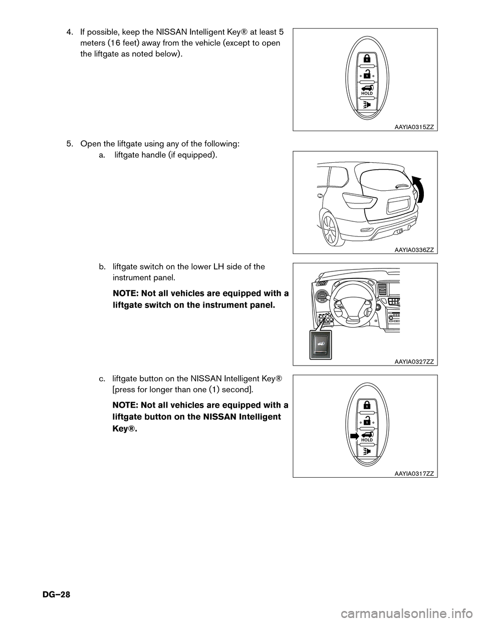 NISSAN PATHFINDER HYBRID 2014 R52 / 4.G Dismantling Guide 4. If possible, keep the NISSAN Intelligent Key® at least 5meters (16 feet) away from the vehicle (except to open 
the liftgate as noted below) .
5. Open the liftgate using any of the following: a. l