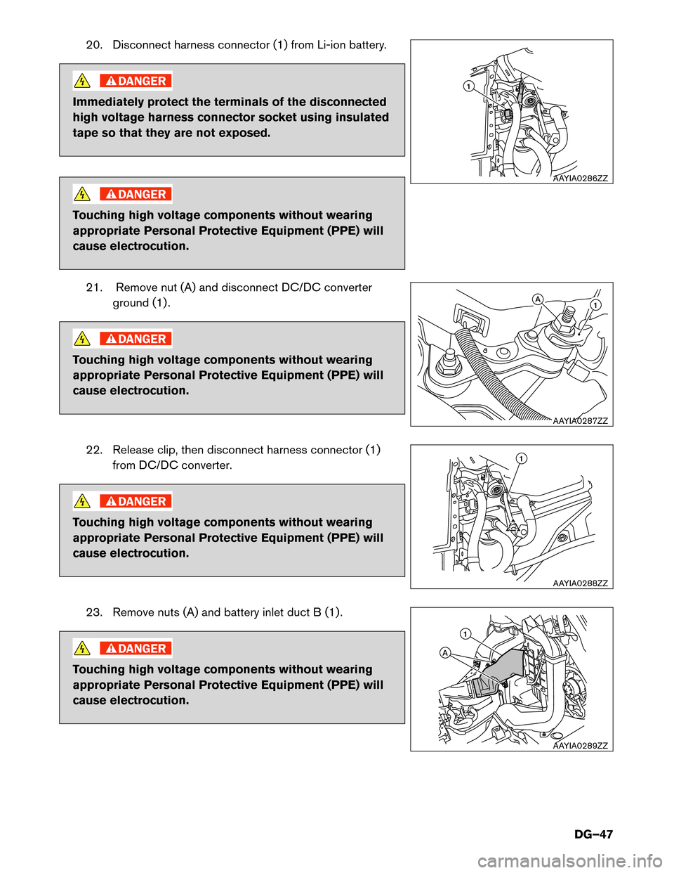 NISSAN PATHFINDER HYBRID 2014 R52 / 4.G Dismantling Guide 20. Disconnect harness connector (1) from Li-ion battery.
Immediately protect the terminals of the disconnected 
high voltage harness connector socket using insulated
tape so that they are not exposed