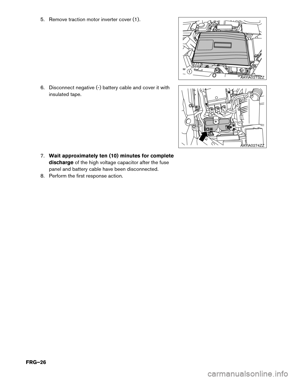 NISSAN PATHFINDER HYBRID 2014 R52 / 4.G First Responders Guide 5. Remove traction motor inverter cover (1) . 
6. Disconnect negative (-) battery cable and cover it withinsulated tape.
7. Wait approximately ten (10) minutes for complete
discharge of the high volta