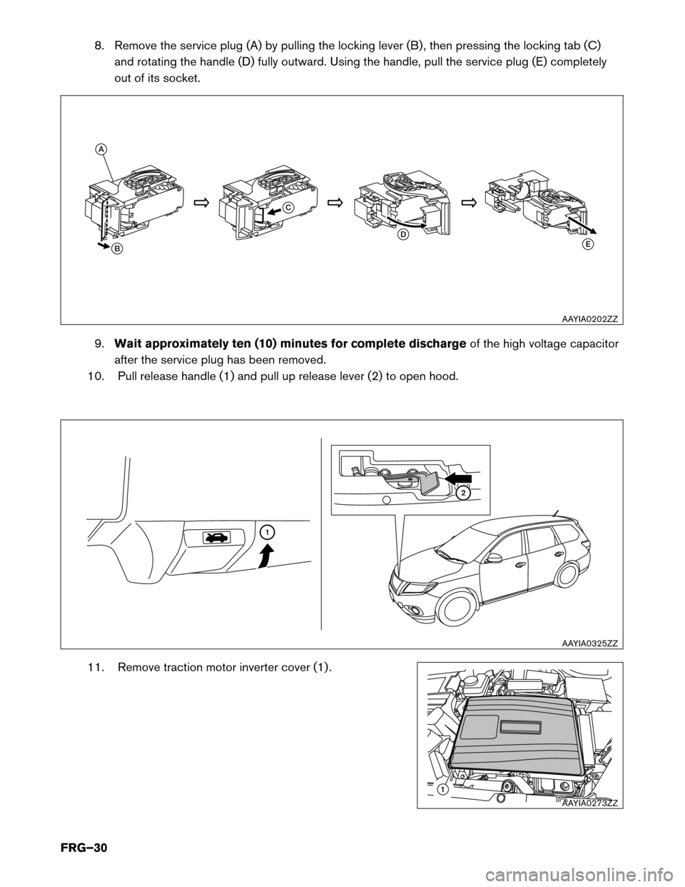 NISSAN PATHFINDER HYBRID 2014 R52 / 4.G First Responders Guide 8. Remove the service plug (A) by pulling the locking lever (B) , then pressing the locking tab (C)and rotating the handle (D) fully outward. Using the handle, pull the service plug (E) completely 
ou