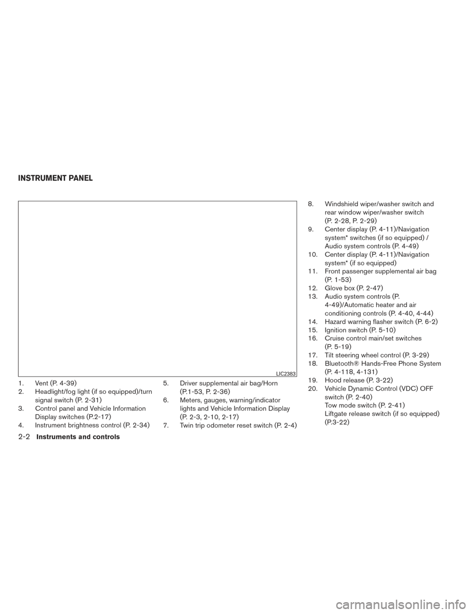 NISSAN PATHFINDER HYBRID 2014 R52 / 4.G Owners Manual 1. Vent (P. 4-39)
2. Headlight/fog light (if so equipped)/turnsignal switch (P. 2-31)
3. Control panel and Vehicle Information
Display switches (P.2-17)
4. Instrument brightness control (P. 2-34) 5. D