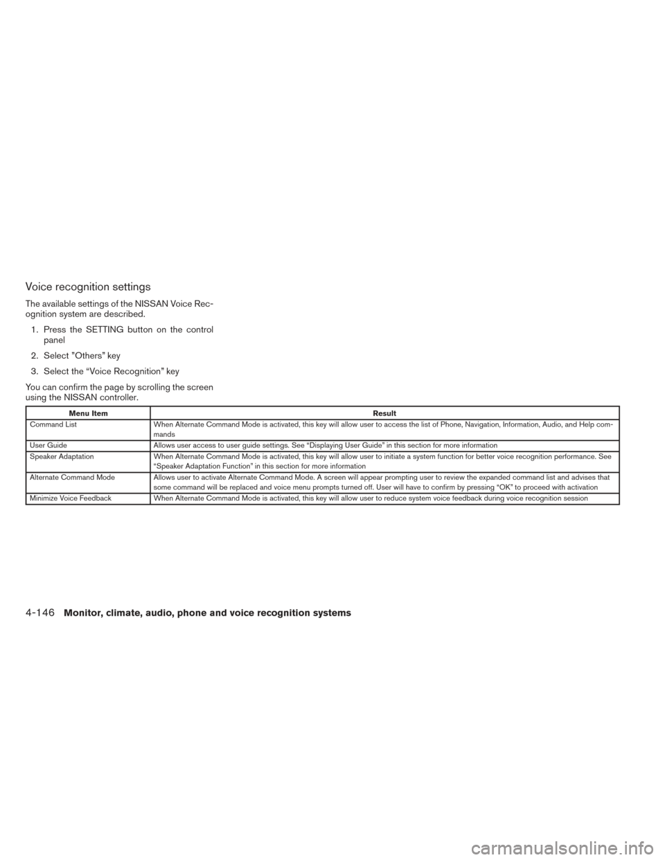 NISSAN PATHFINDER HYBRID 2014 R52 / 4.G Owners Manual Voice recognition settings
The available settings of the NISSAN Voice Rec-
ognition system are described.1. Press the SETTING button on the control panel
2. Select ”Others” key
3. Select the “Vo