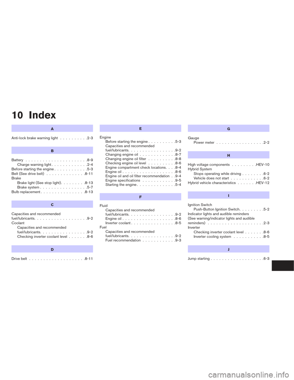 NISSAN PATHFINDER HYBRID 2014 R52 / 4.G Manual PDF 10 Index
A
Anti-lock brake warning light ..........2-3
B
Battery ......................8-9
Chargewarninglight.............2-4
Before starting the engine ............5-3
Belt (See drive belt) .........