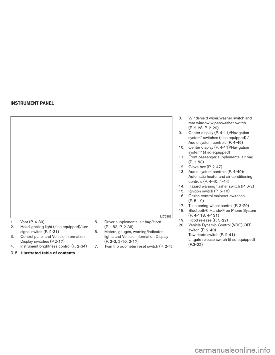 NISSAN PATHFINDER HYBRID 2014 R52 / 4.G Owners Manual 1. Vent (P. 4-39)
2. Headlight/fog light (if so equipped)/turnsignal switch (P. 2-31)
3. Control panel and Vehicle Information
Display switches (P.2-17)
4. Instrument brightness control (P. 2-34) 5. D