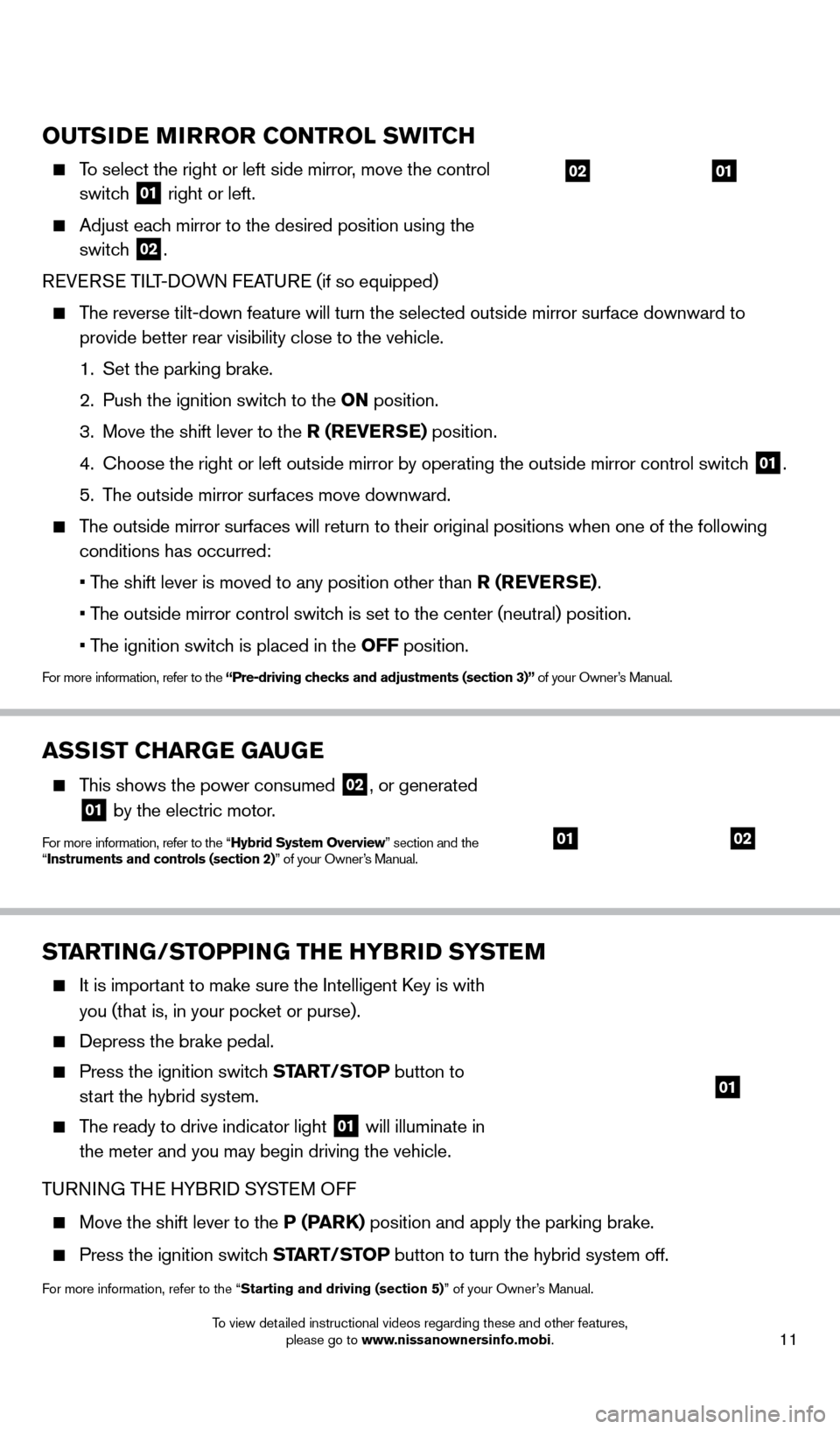 NISSAN PATHFINDER HYBRID 2014 R52 / 4.G Quick Reference Guide 11
oUTSiDE MiRRo R C o NTRol  SW i TCH
    To select the right or left side mirror, move the control 
switch 
01 right or left.
    Adjust eac h mirror to the desired position using the 
switch 
02.
R