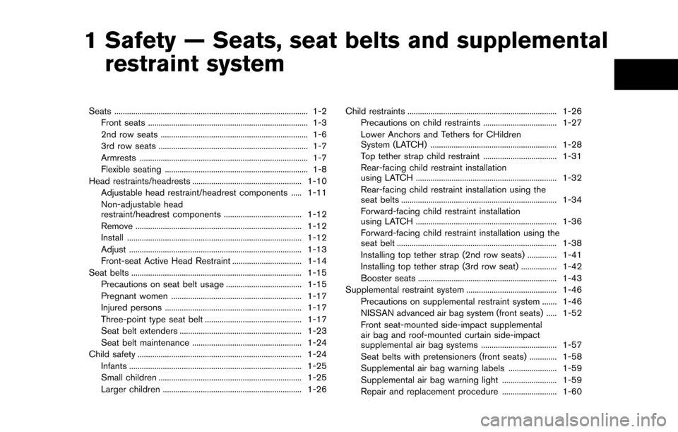 NISSAN QUEST 2014 RE52 / 4.G Owners Manual 1 Safety — Seats, seat belts and supplementalrestraint system
Seats ........................................................................\
.................... 1-2
Front seats ...................