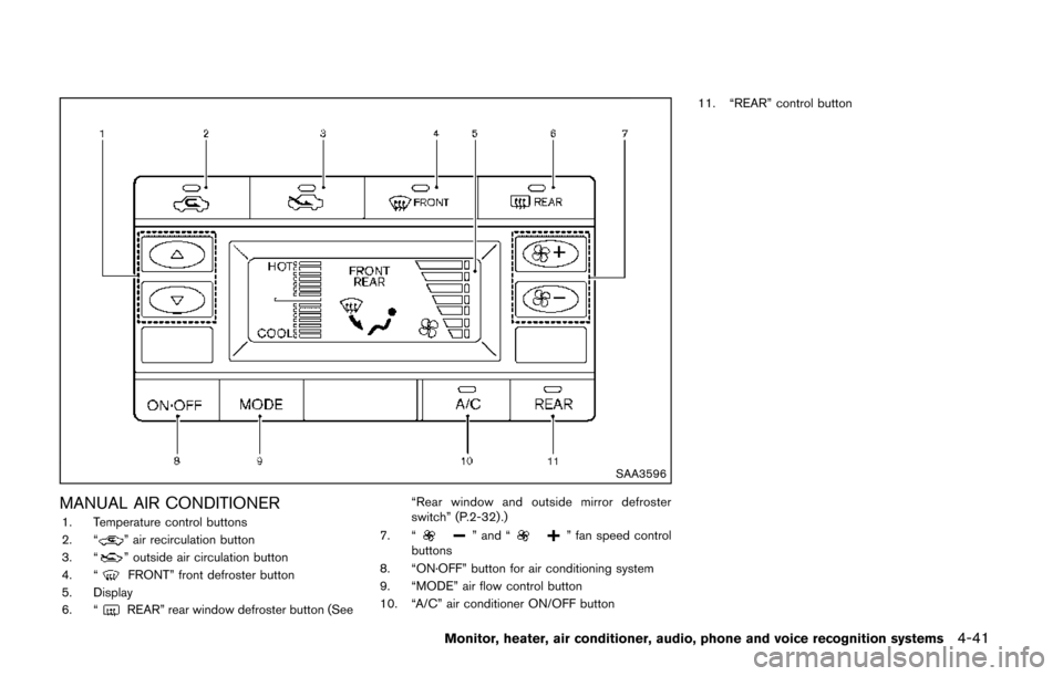NISSAN QUEST 2014 RE52 / 4.G Owners Manual SAA3596
MANUAL AIR CONDITIONER1. Temperature control buttons
2. “” air recirculation button
3. “” outside air circulation button
4. “FRONT” front defroster button
5. Display
6. “
REAR”