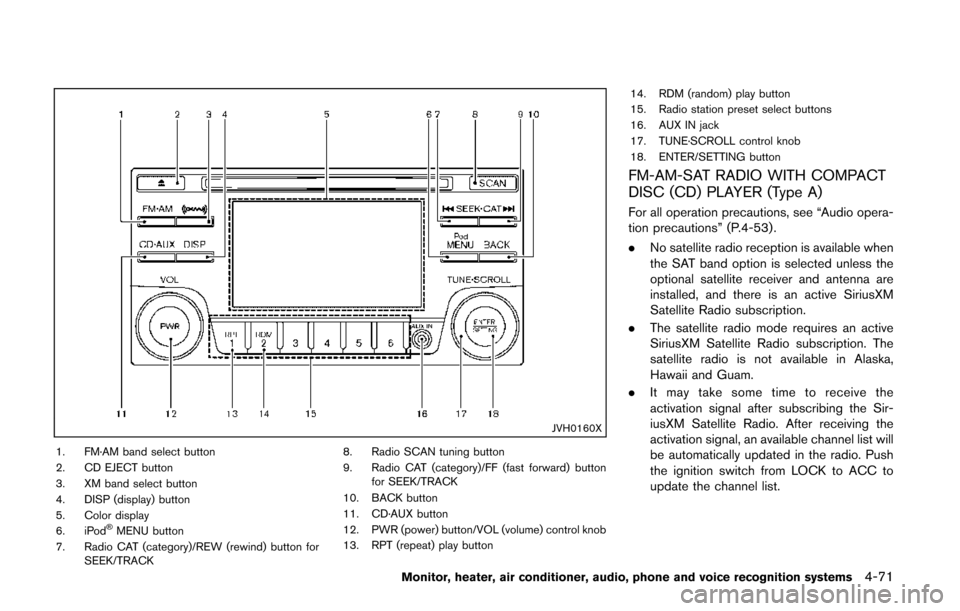 NISSAN QUEST 2014 RE52 / 4.G Owners Manual JVH0160X
1. FM·AM band select button
2. CD EJECT button
3. XM band select button
4. DISP (display) button
5. Color display
6. iPod
®MENU button
7. Radio CAT (category)/REW (rewind) button for SEEK/T
