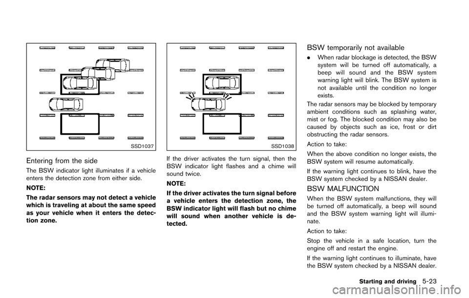 NISSAN QUEST 2014 RE52 / 4.G Owners Manual SSD1037
Entering from the side
The BSW indicator light illuminates if a vehicle
enters the detection zone from either side.
NOTE:
The radar sensors may not detect a vehicle
which is traveling at about