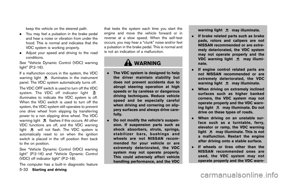 NISSAN QUEST 2014 RE52 / 4.G Owners Manual 5-32Starting and driving
keep the vehicle on the steered path.
. You may feel a pulsation in the brake pedal
and hear a noise or vibration from under the
hood. This is normal and indicates that the
VD NISSAN QUEST 2014 RE52 / 4.G Owners Manual 5-32Starting and driving
keep the vehicle on the steered path.
. You may feel a pulsation in the brake pedal
and hear a noise or vibration from under the
hood. This is normal and indicates that the
VD