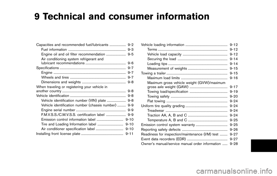 NISSAN QUEST 2014 RE52 / 4.G Owners Manual 9 Technical and consumer information
Capacities and recommended fuel/lubricants ................... 9-2Fuel information ................................................................... 9-3
Engine o
