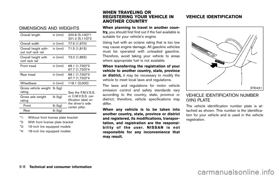NISSAN QUEST 2014 RE52 / 4.G Owners Manual 9-8Technical and consumer information
DIMENSIONS AND WEIGHTS
Overall length in (mm) 200.8 (5,100)*1201.2 (5,110)*2
Overall width in (mm) 77.6 (1,970)
Overall height with-
out roof rack rail in (mm) 71