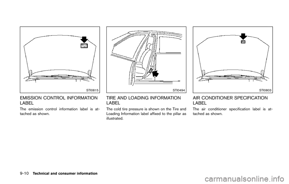 NISSAN QUEST 2014 RE52 / 4.G Owners Manual 9-10Technical and consumer information
STI0815
EMISSION CONTROL INFORMATION
LABEL
The emission control information label is at-
tached as shown.
STI0494
TIRE AND LOADING INFORMATION
LABEL
The cold tir