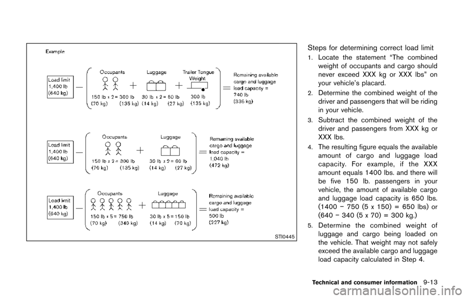 NISSAN QUEST 2014 RE52 / 4.G Owners Manual STI0445
Steps for determining correct load limit
1.Locate the statement “The combined
weight of occupants and cargo should
never exceed XXX kg or XXX lbs” on
your vehicle’s placard.
2.Determine 