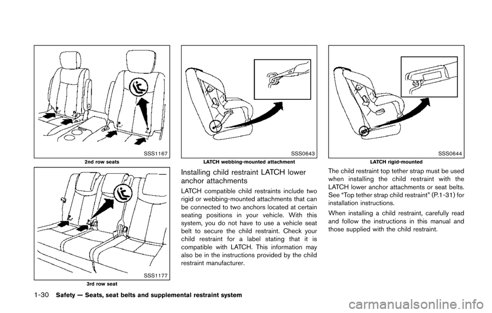 NISSAN QUEST 2014 RE52 / 4.G Service Manual 1-30Safety — Seats, seat belts and supplemental restraint system
SSS11672nd row seats
SSS11773rd row seat
SSS0643LATCH webbing-mounted attachment
Installing child restraint LATCH lower
anchor attach