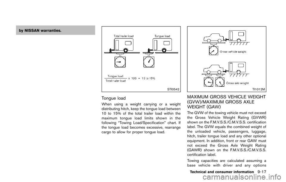 NISSAN QUEST 2014 RE52 / 4.G Owners Manual by NISSAN warranties.
STI0542
Tongue load
When using a weight carrying or a weight
distributing hitch, keep the tongue load between
10 to 15% of the total trailer load within the
maximum tongue load l NISSAN QUEST 2014 RE52 / 4.G Owners Manual by NISSAN warranties.
STI0542
Tongue load
When using a weight carrying or a weight
distributing hitch, keep the tongue load between
10 to 15% of the total trailer load within the
maximum tongue load l